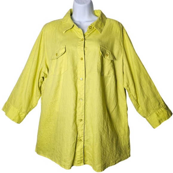 Kim Rogers Tops - Chartreuse 100% Linen Button Down Roll Tab Shirt Plus 1X Lagenlook Summer